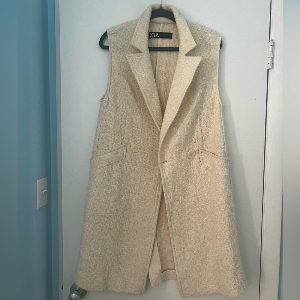 Zara Textured Long Vest Ecru Sz Small